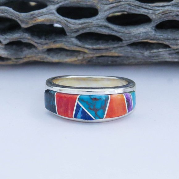 Native American Turquoise Multi Gemstone Sterling Silver Inlaid Ring SZ 8 3/4